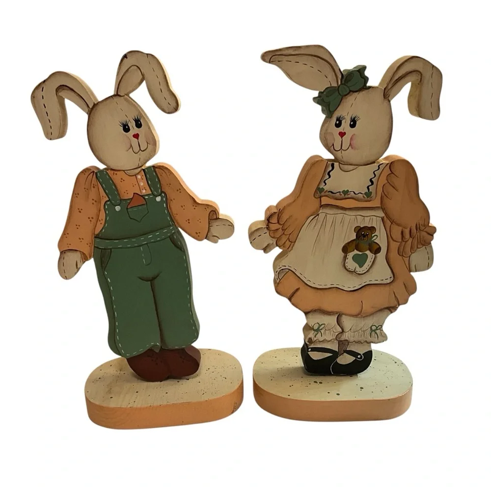 Vintage Wooden Bunny Couple – Hand Painted Folk Art Rabbits(only)